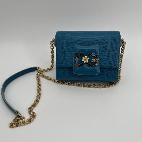Bags - Dolce & Gabbana Blue Iguana Embossed Leather Mini DG Millennials Crossbody Bag