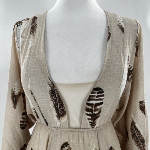 Dress - Beige Long Dress with Leaves Printed