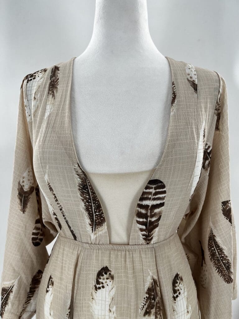 Dress - Beige Long Dress with Leaves Printed