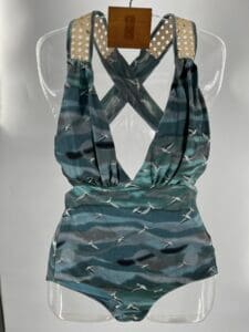 SWIMWEAR - Blue And Green One-Piece With Birds Printed