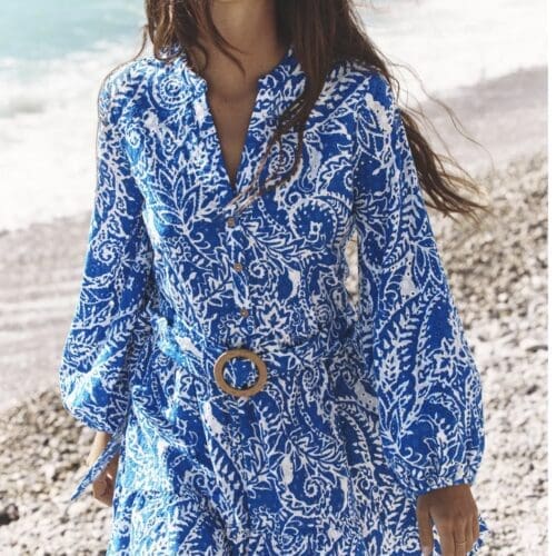 Dress - Blue Printed Belted Dress